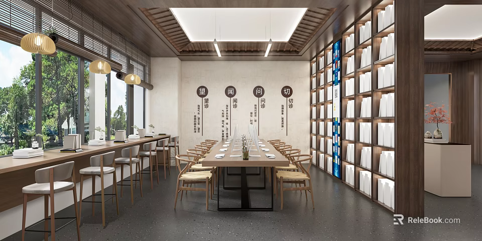 Traditional Book Art Library Interior with Wooden Bookshelves Long Table and Wall Inscriptions 3d model 