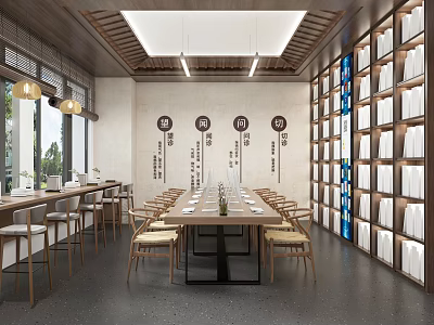 Traditional Book Art Library Interior with Wooden Bookshelves Long Table and Wall Inscriptions 3d model