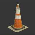 Orange And White Striped Traffic Cone With Black Base And Worn Texture On Gray Background