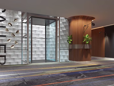 Modern Elevator Hallway With Glass Door White Textured Wall Wooden Column And Green Plants 3d model