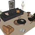 Modern Leather Sofa And Coffee Table Set With Pillows Floor Lamp And Decorative Painting