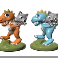 Orange And Blue Dinosaur Figures Carrying Gray Puppy On Green Base