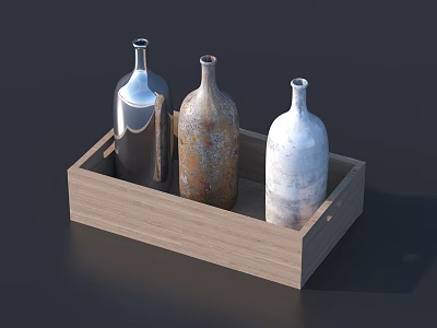 Wooden Tray Tableware Set Featuring Three Bottles With Different Textures And Colors 3d model