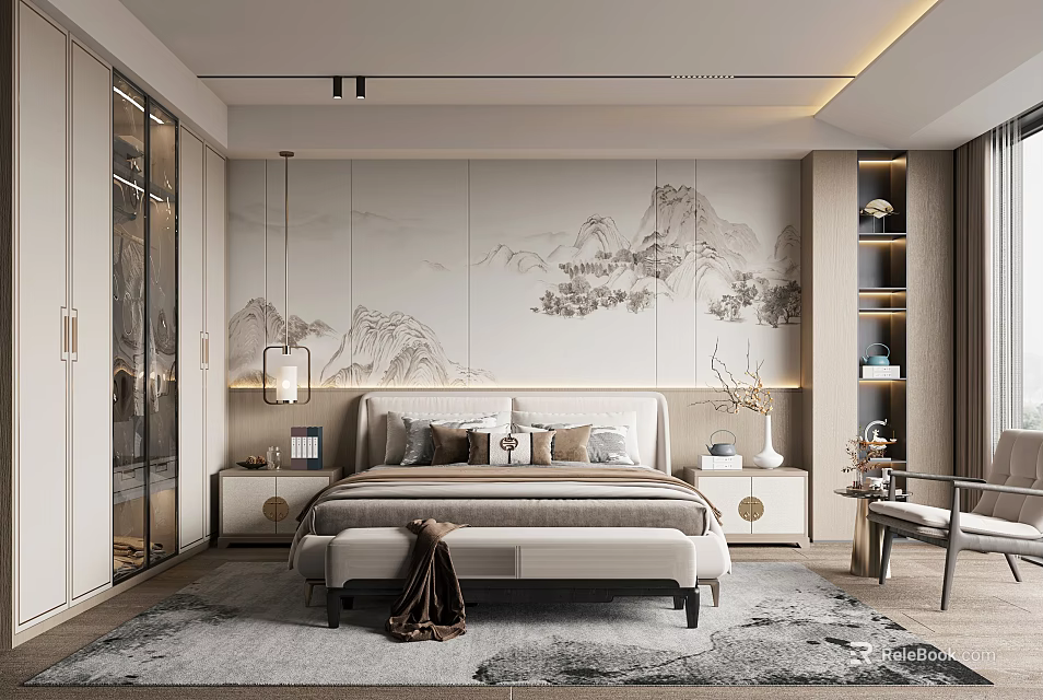 Elegant Modern Chinese Bedroom Interior With Landscape Wall And Bedside Tables 3d model 
