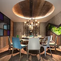 Stylish Restaurant Interior Design With Red Arch Wooden Ceiling Metal Decor And Warm Lighting