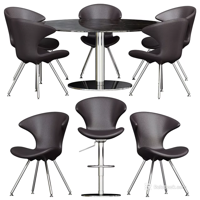 Modern Black Leather Round Dining Table Set With Metal Legs And Curved Back Chairs 3d model 