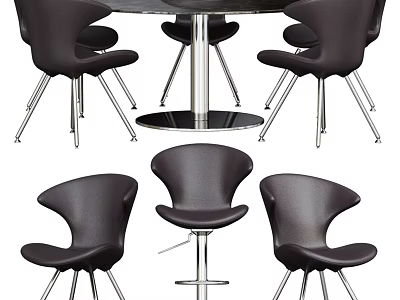 Modern Black Leather Round Dining Table Set With Metal Legs And Curved Back Chairs 3d model