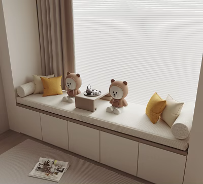 Cozy Window Seat Area With Teddy Bear Toys Yellow Beige Cushions White Cabinets And Blinds 3d model