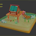 Scenic Waterfront View With Red Cottage Green Roof Wooden Platform And Blue Floating Elements
