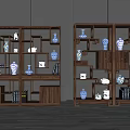 Chinese Traditional Wooden Curio Display Shelf Showcasing Blue And White Porcelain Decorative Pieces