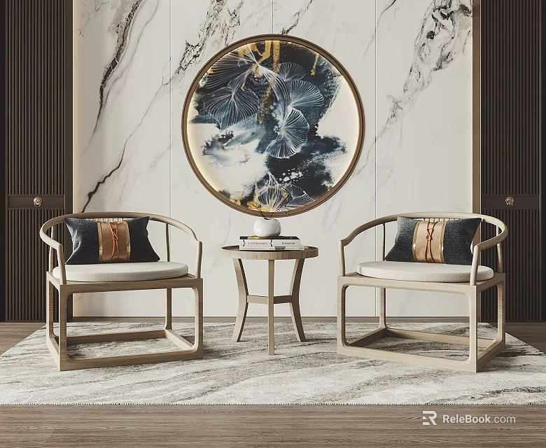 Modern Wooden Chairs And Small Table Set With Marble Wall Circular Painting On Carpet 3d model 