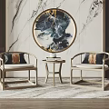 Modern Wooden Chairs And Small Table Set With Marble Wall Circular Painting On Carpet