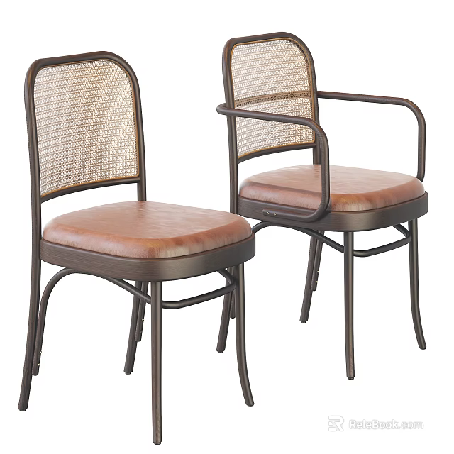 Vintage Leisure Chair With Metal Frame Rattan Backrest And Leather Seat 3d model 
