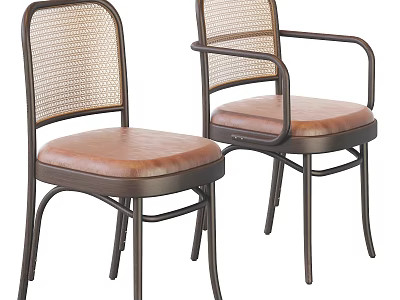 Vintage Leisure Chair With Metal Frame Rattan Backrest And Leather Seat 3d model