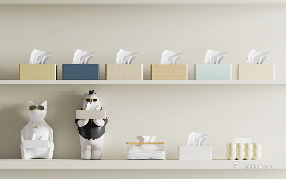 Modern Household Supplies Shelf With Colorful Tissue Boxes Decorative Cat Figurines And Soap Bars 3d model 