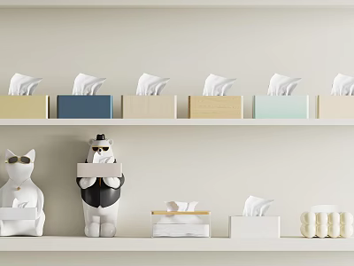 Modern Household Supplies Shelf With Colorful Tissue Boxes Decorative Cat Figurines And Soap Bars 3d model