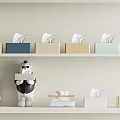 Modern Household Supplies Shelf With Colorful Tissue Boxes Decorative Cat Figurines And Soap Bars