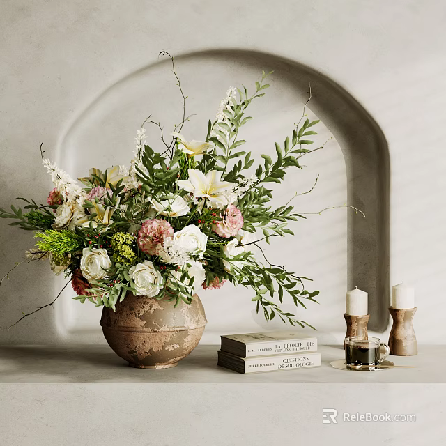 Rustic Decorative Ornament Set With Terracotta Vase Mixed Flowers Books Candles And Arched Wall Background 3d model 