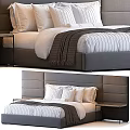 Modern Double Bed with Upholstered Headboard Striped Bedding and Side Nightstand 3d model