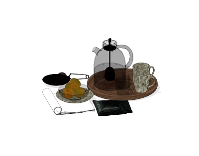 Elegant Tea Set With Glass Teapot Mug On Wooden Tray Alongside Oranges And Tea Bags 3d model