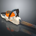 Orange And White Chainsaw With Black Handle And Metal Chain On Reflective Surface