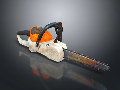 Orange And White Chainsaw With Black Handle And Metal Chain On Reflective Surface 3d model