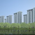 Modern High Rise Residential Buildings With Lakeside Green Trees And Waterfront View