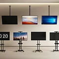 Ceiling and Stand Mounted TVs Displaying Scenery Digital Clock and Desktop Screens 3d model