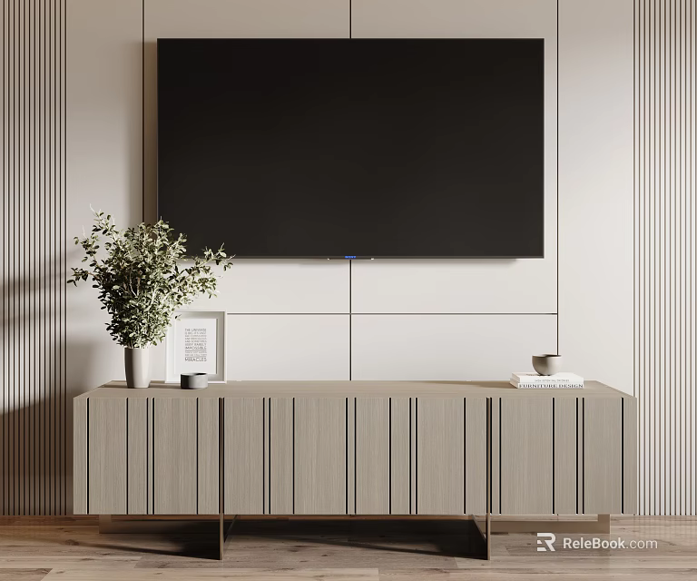 Modern Light Wood TV Stand With Striped Panels And Decor Below Mounted TV 3d model 