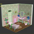 Cartoon Bathroom Scene Featuring Green Floral Wallpaper White Bathtub Sink Toilet Plants And Wooden Floor
