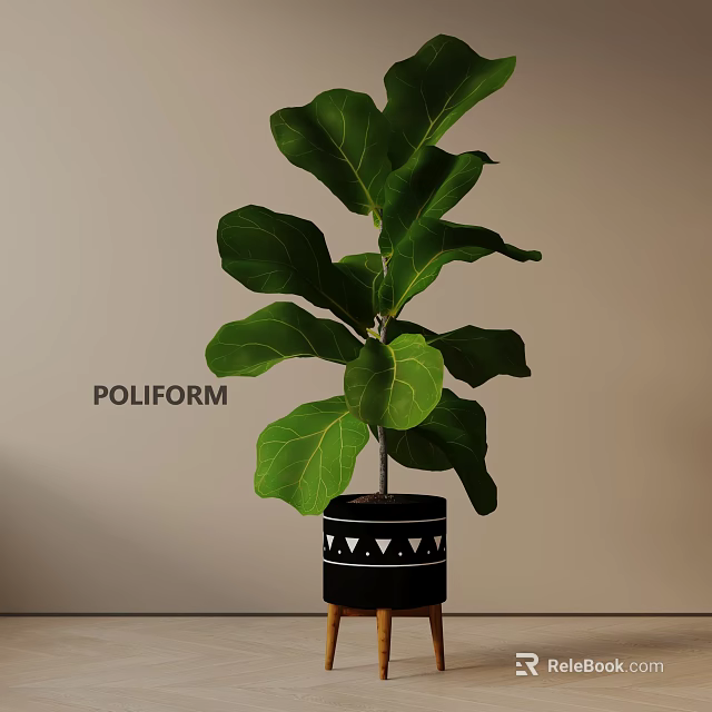 Large Fiddle Leaf Fig Indoor Potted Plant With Geometric Patterned Pot On Stand 3d model 