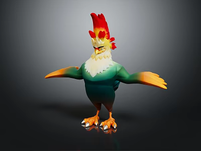 Colorful 3D Rooster Character With Green Body White Neck Red Yellow Crest And Orange Wings 3d model