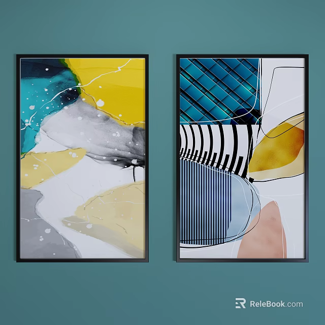 Modern Abstract Wall Art Paintings With Colorful Geometric And Fluid Design Elements 3d model