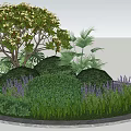 Various Flower Plants In Circular Garden Bed With Green Shrubs Lavender And Lawn