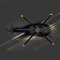 Helicopter with dark body and yellow tipped rotors parked on road with yellow double lines