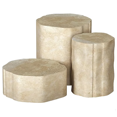 Three Beige Stone Coffee Tables With Cylindrical Shape And Irregular Edge Design 3d model