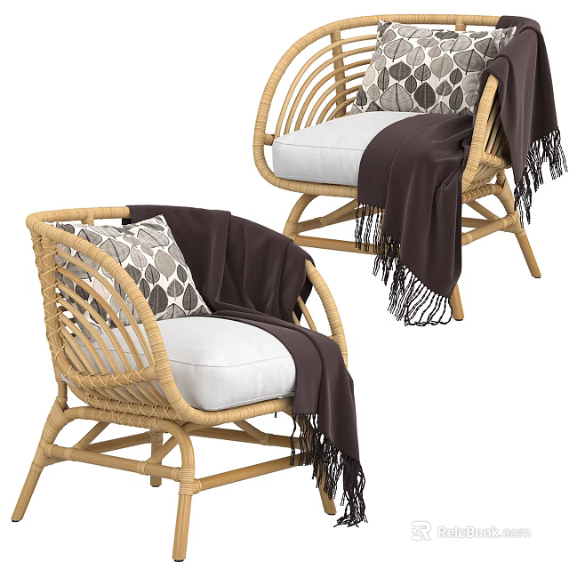 Natural Style Wicker Single Sofa With White Cushion Dark Blanket And Decorative Pillow 3d model 