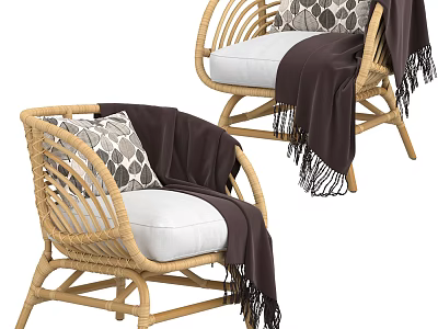 Natural Style Wicker Single Sofa With White Cushion Dark Blanket And Decorative Pillow 3d model