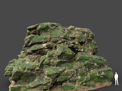 Natural Rock Formation Covered With Lush Green Moss And Human Silhouette 3d model