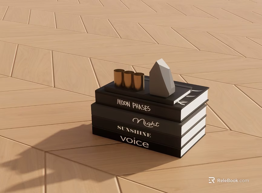 Stack of Books Including Indian Palms Music Sunshine Voice with Decorative Items on Wooden Floor 3d model 