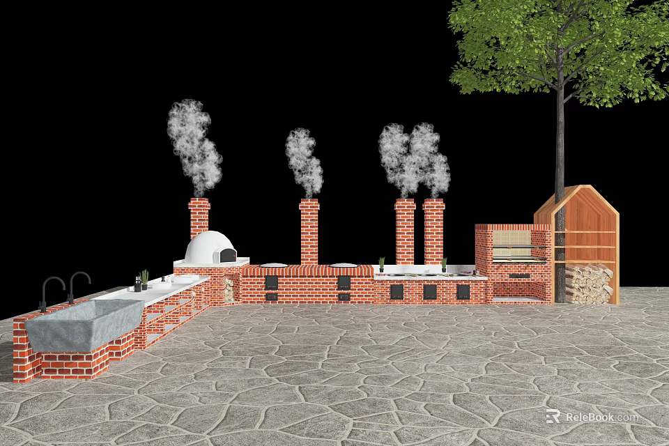 Kindergarten With Red Brick Smoky Chimneys Small Wooden House Green Tree And Stone Paved Ground 3d model 