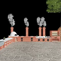 Kindergarten With Red Brick Smoky Chimneys Small Wooden House Green Tree And Stone Paved Ground