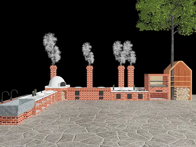 Kindergarten With Red Brick Smoky Chimneys Small Wooden House Green Tree And Stone Paved Ground 3d model