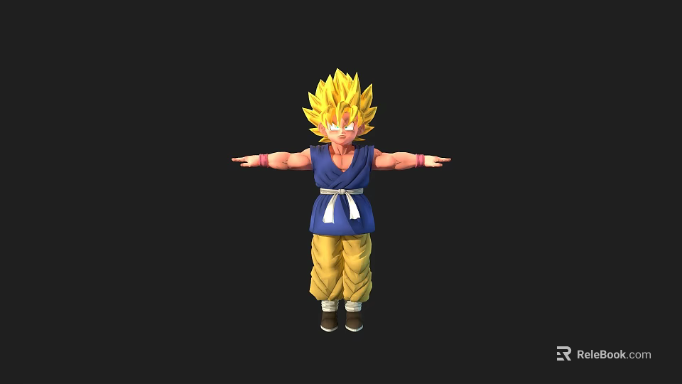 Game and Movie Character with Golden Spiky Hair Blue Top and Yellow Pants Arms Outstretched 3d model 