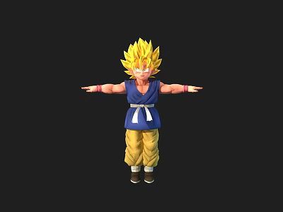 Game and Movie Character with Golden Spiky Hair Blue Top and Yellow Pants Arms Outstretched 3d model