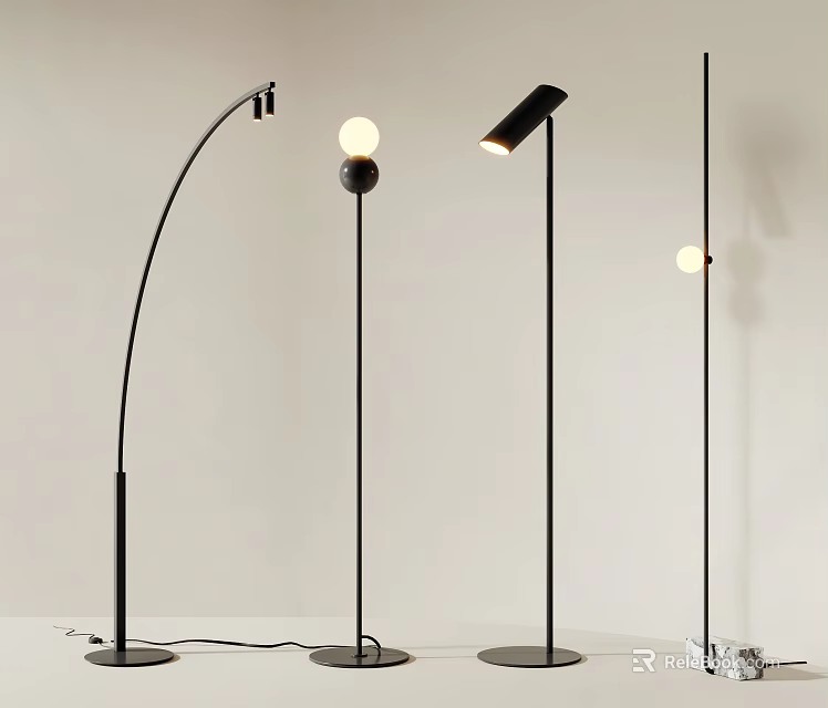 Modern Floor Lamps With Curved And Straight Poles Black Finish Spherical And Cylindrical Shades 3d model 
