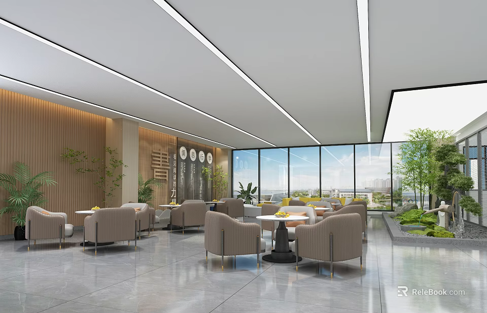 Spacious Modern Lounge Area With Beige Seating Round White Tables Large Windows And Green Plants 3d model 