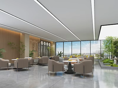 Spacious Modern Lounge Area With Beige Seating Round White Tables Large Windows And Green Plants 3d model