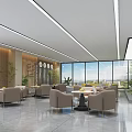 Spacious Modern Lounge Area With Beige Seating Round White Tables Large Windows And Green Plants