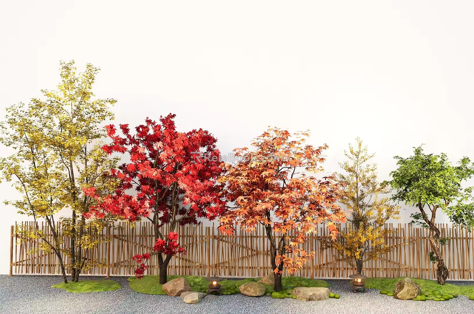 Courtyard landscaping maple ginkgo tree landscape tree modeling street tree courtyard sketch fence 3d model